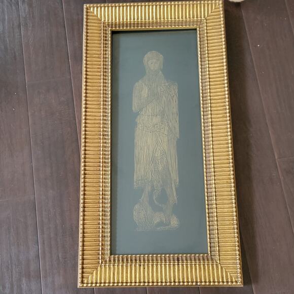 Vintage Sir Roger de Trumpington Brass Rubbing Art in Ornate Gold Frame 31x19 - Picture 1 of 16